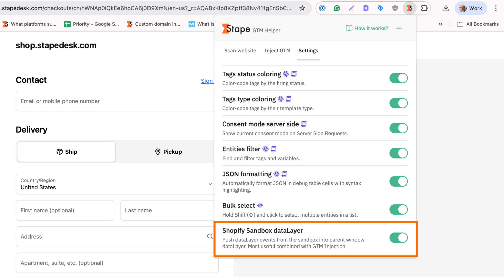 Shopify Sandbox dataLayer