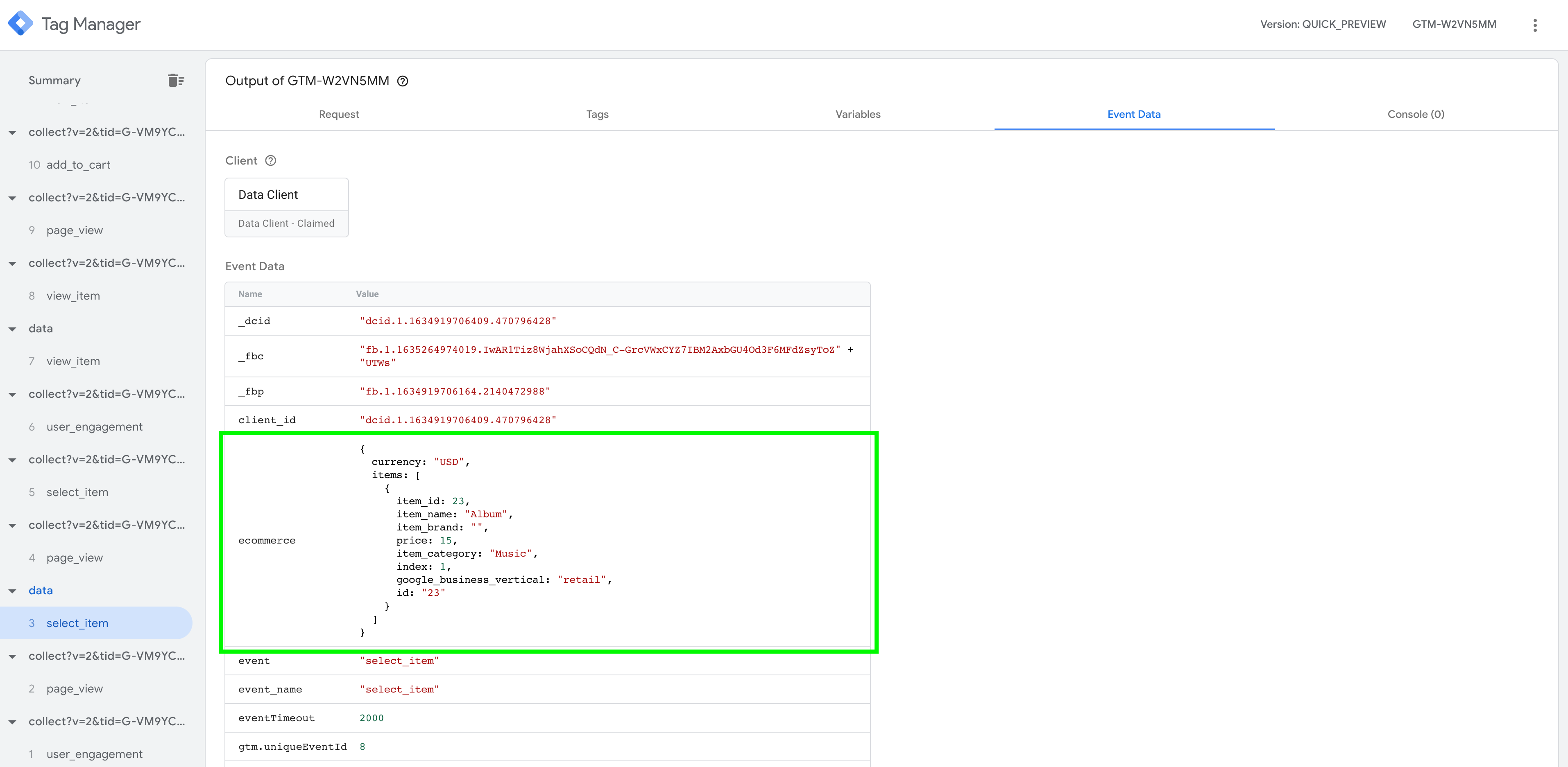 test data tag requests in the server container&nbsp;