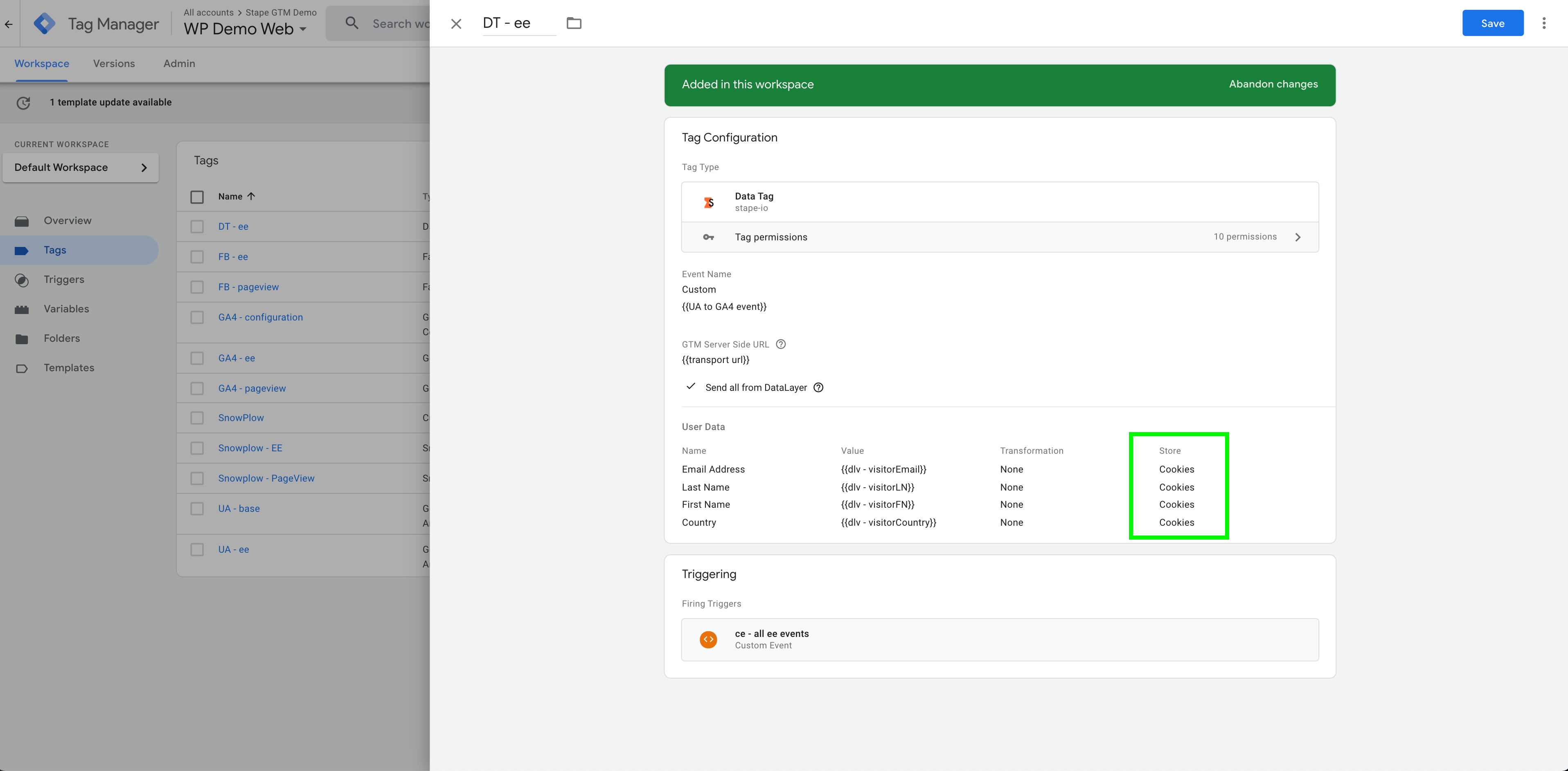 store user data in cookies web google tag manager