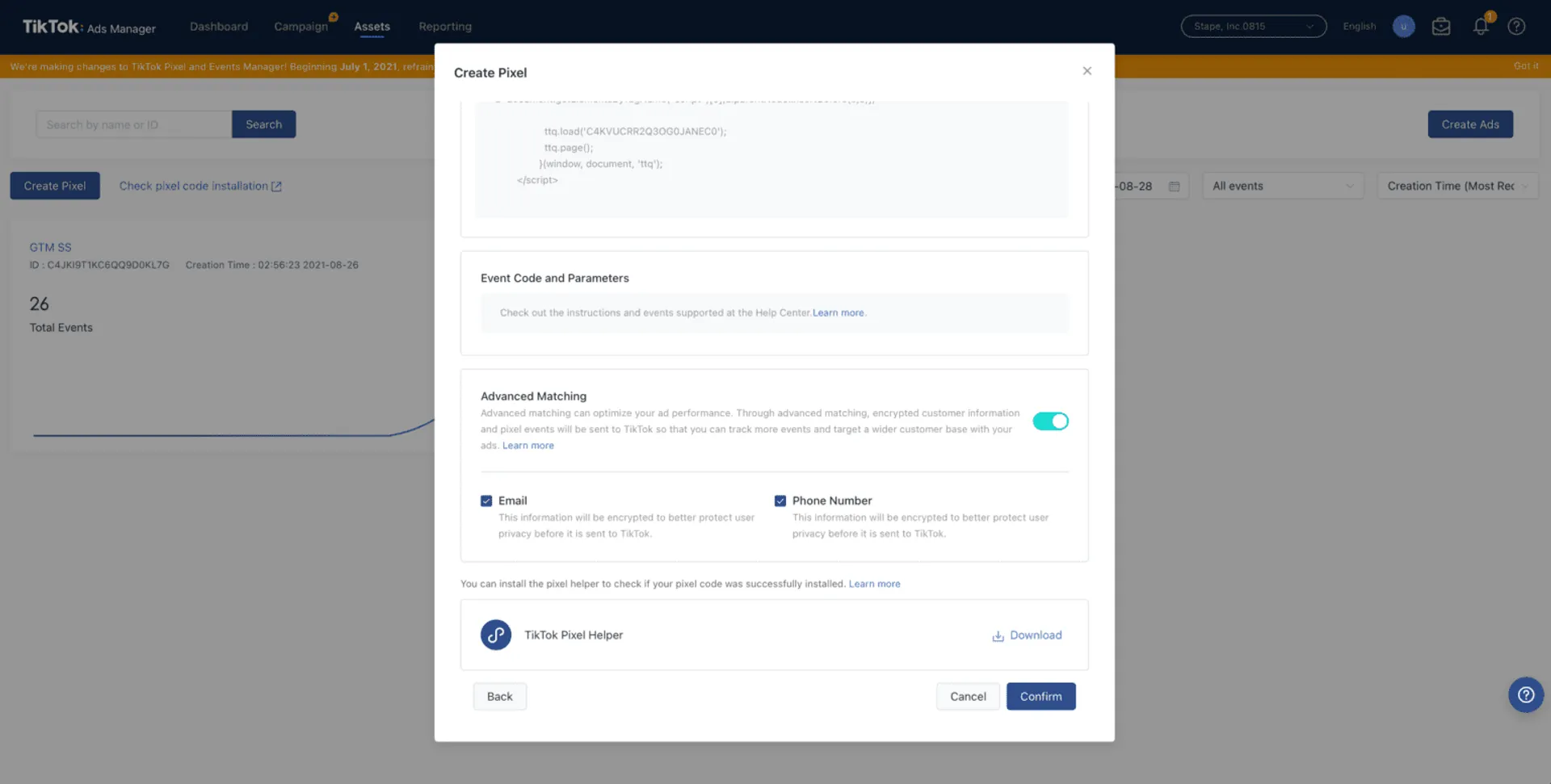 manual installation type, developer mode, and advanced matching enabled