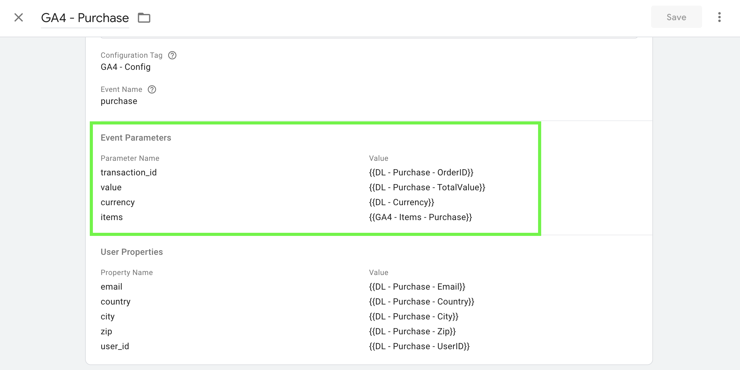 configured product data inside the Google Analytic 4 tags