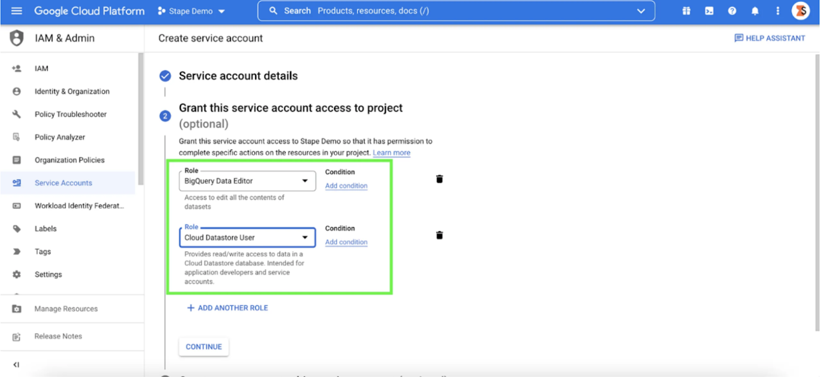 select role google service account