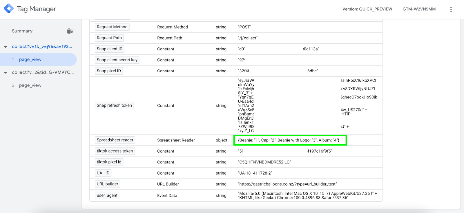 test google spreadsheet reader variable