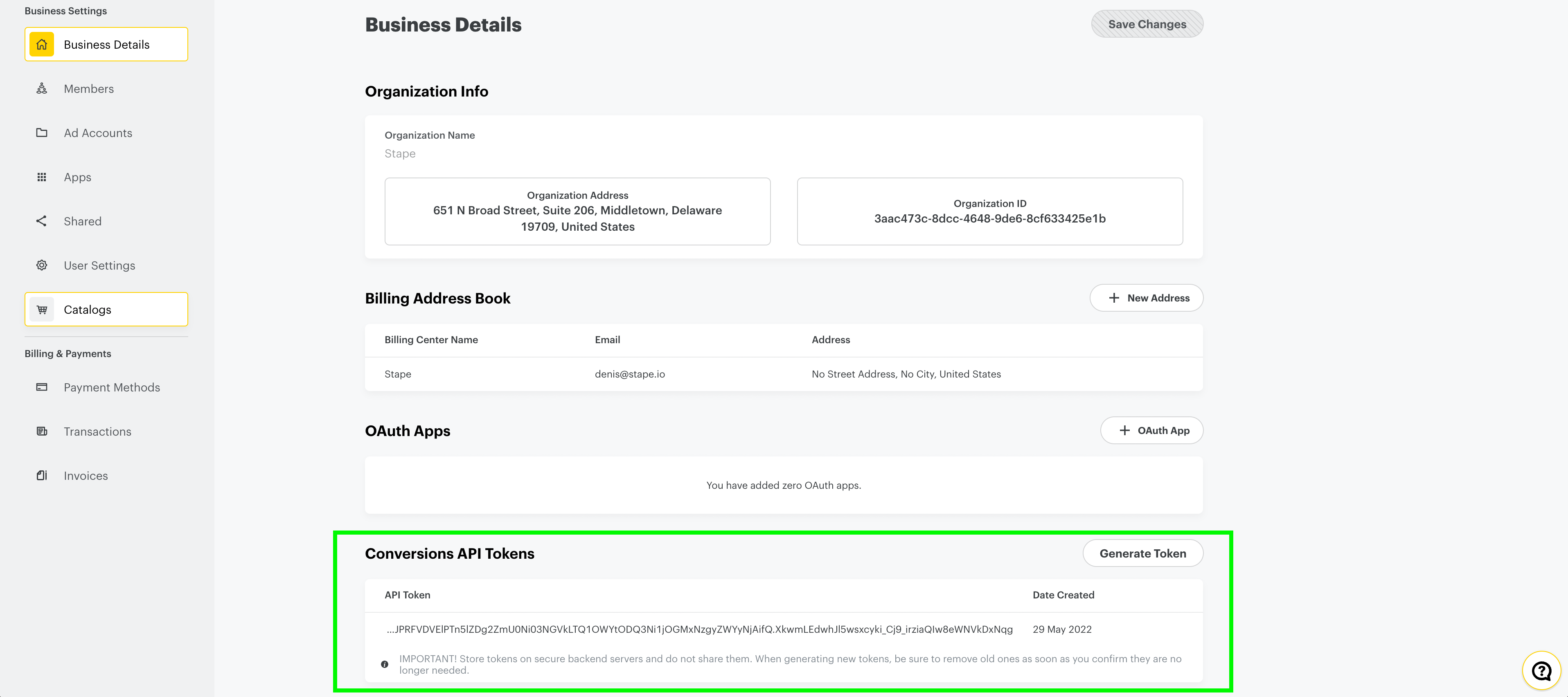 Conversions API Tokens Snapchat