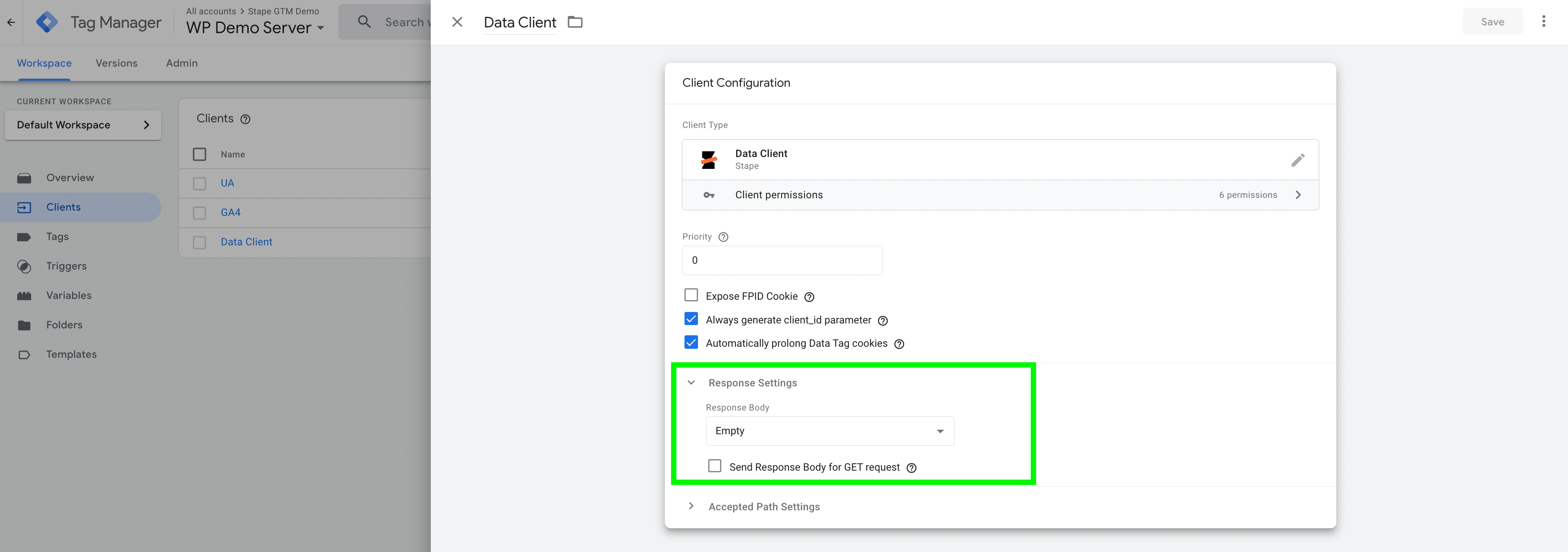 Data client response settings