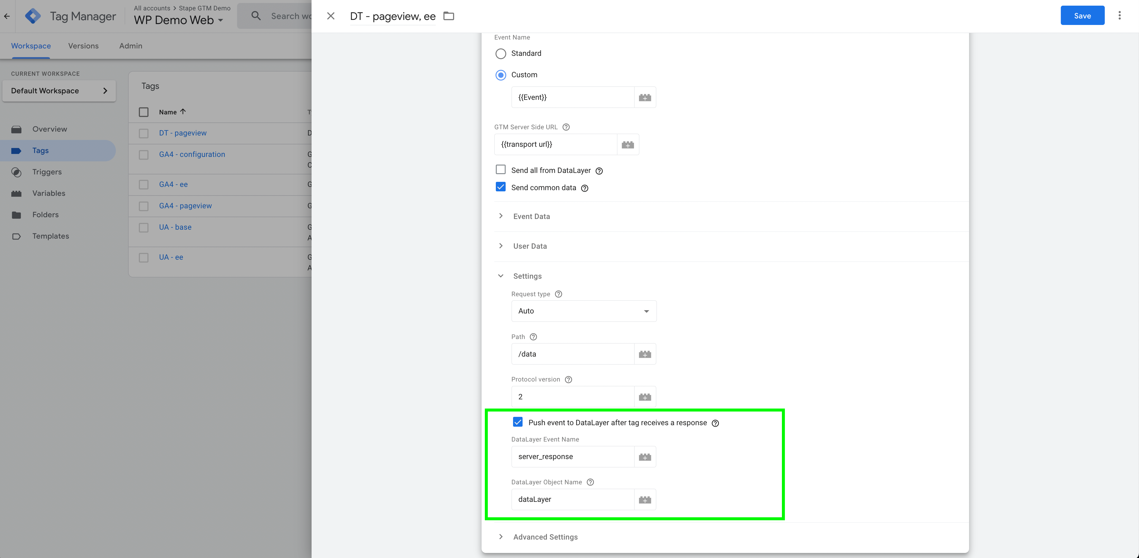 Send dataLayer push from server GTM to web GTM