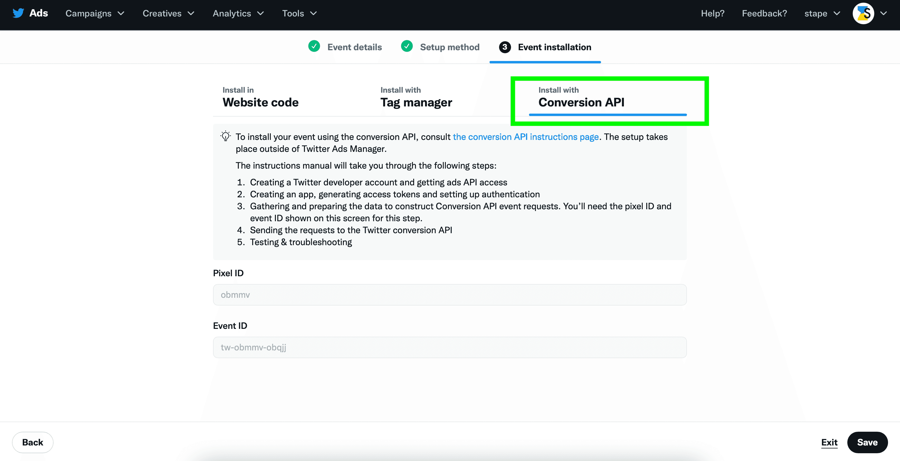 twitter conversion API event