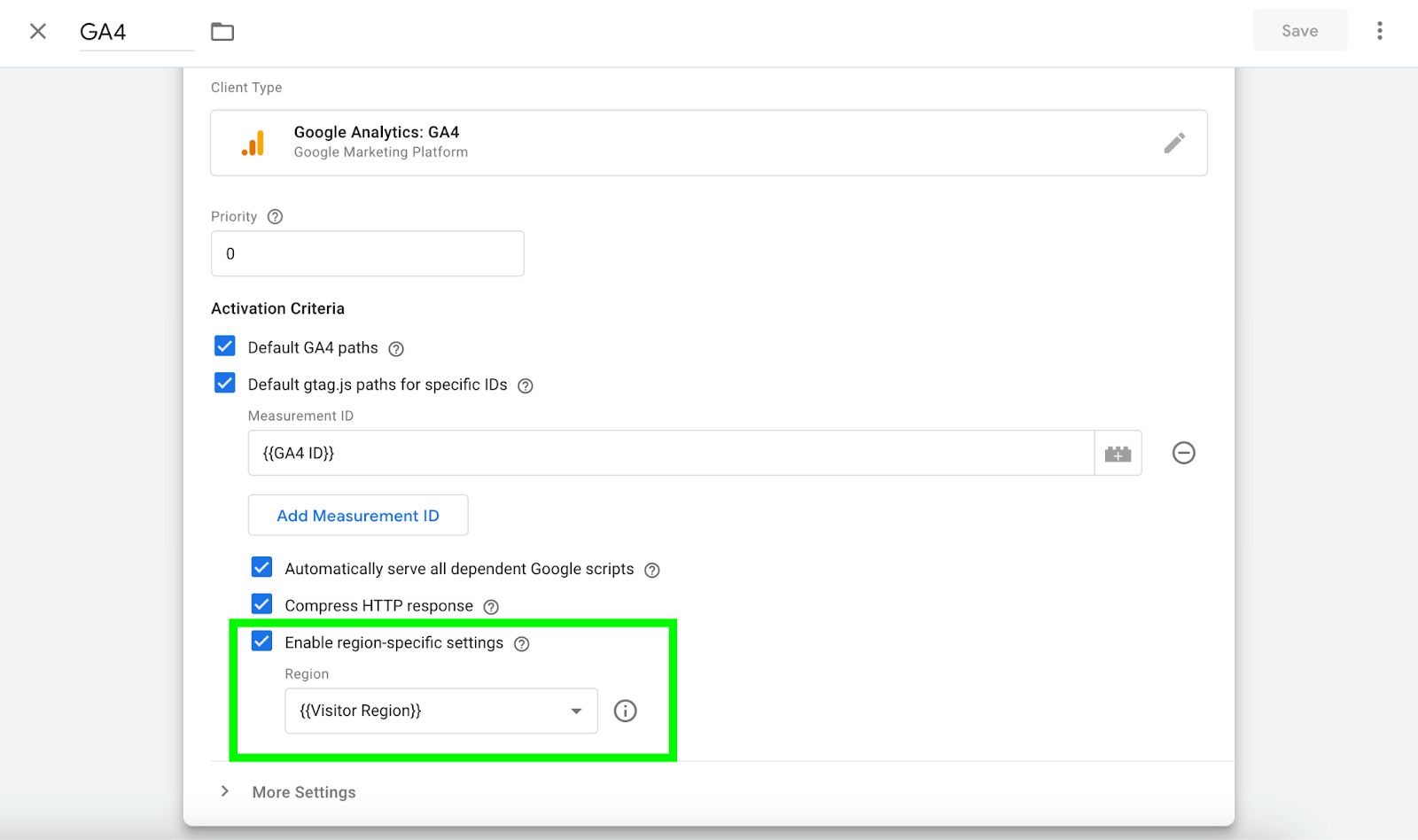 region-specific settings in the GA4 client