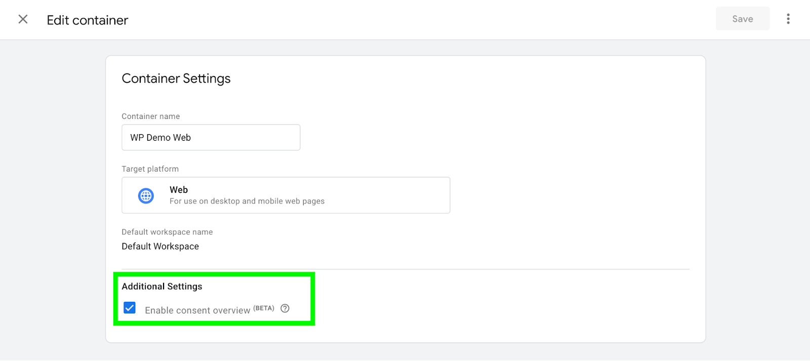 container settings