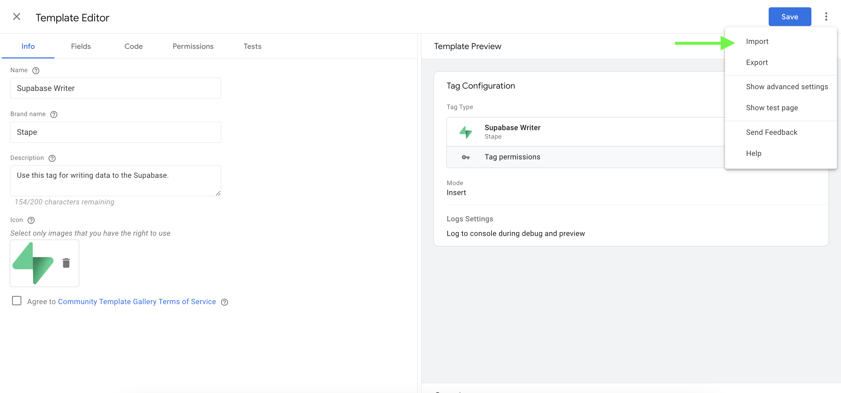 Supabase Writer tag for server Google Tag Manager - Stape