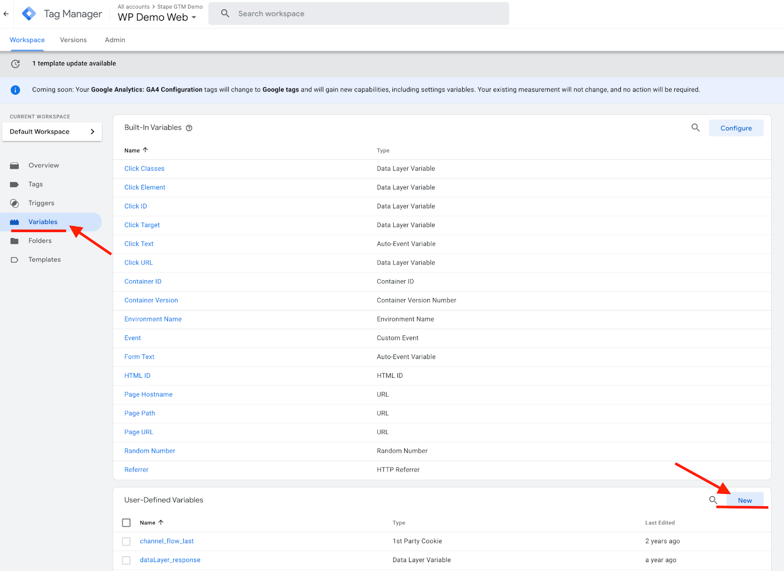 new variables in google tag manager