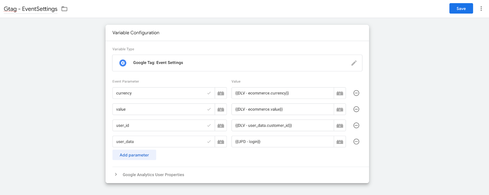 parameters for event settings variable