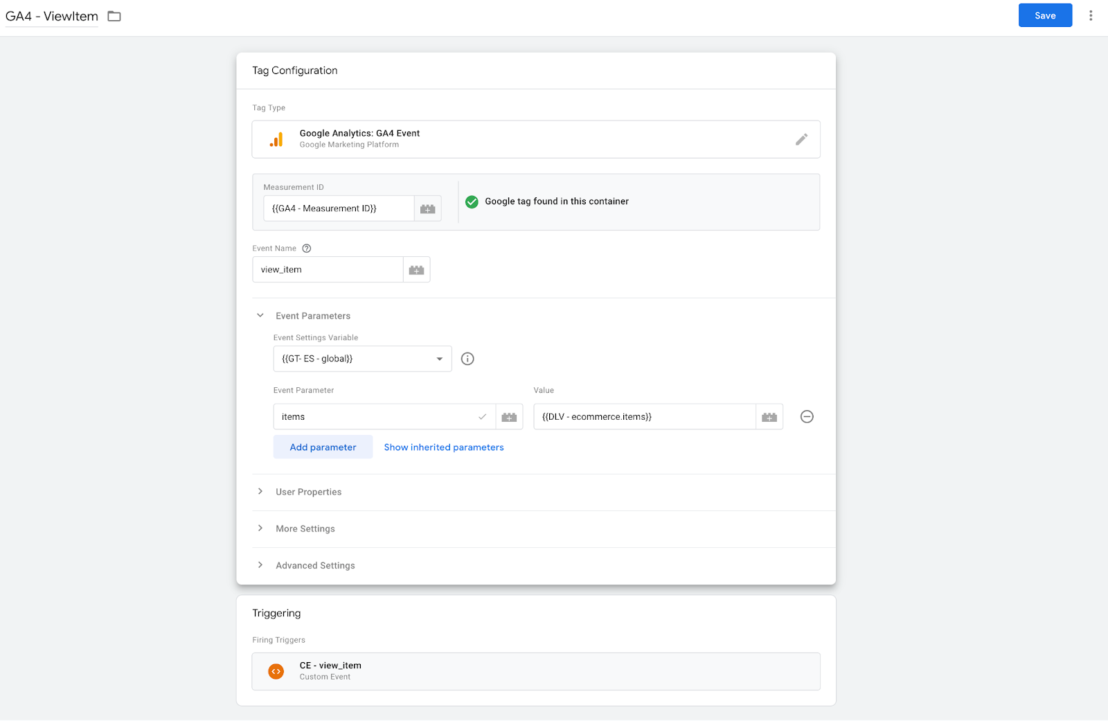 google tag event settings variable in google analytics ga4 event