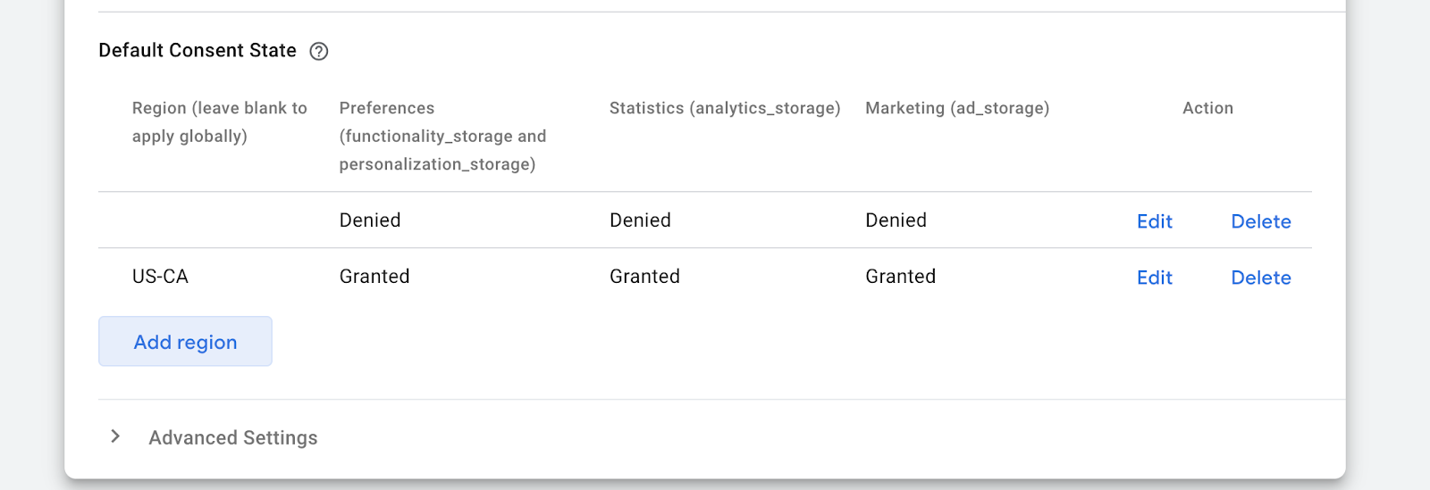 region specific consent settings