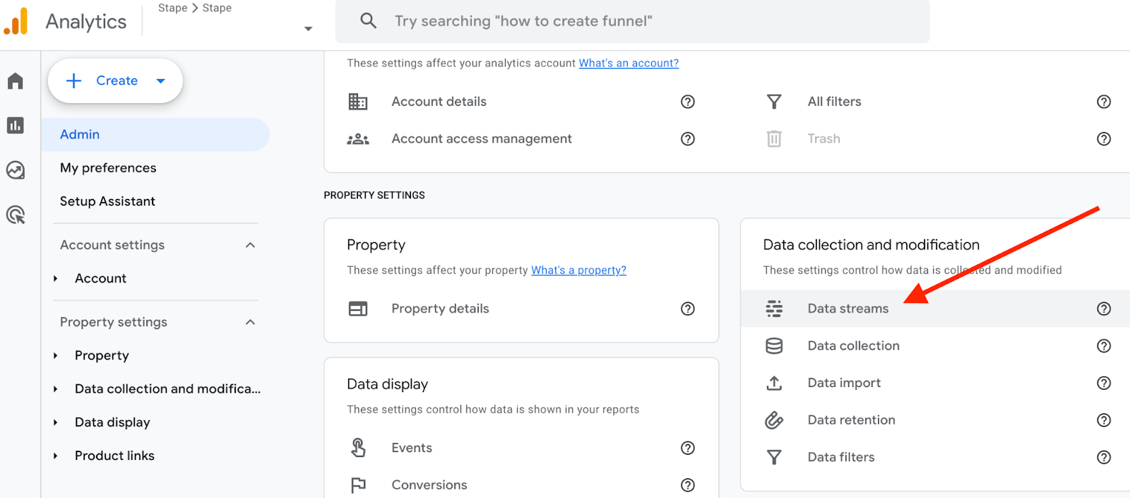 ga4 property data streams stape