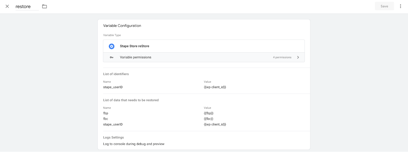 restore variable configuration - stape