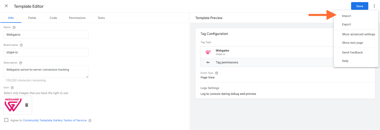 webgains tag implementation - stape