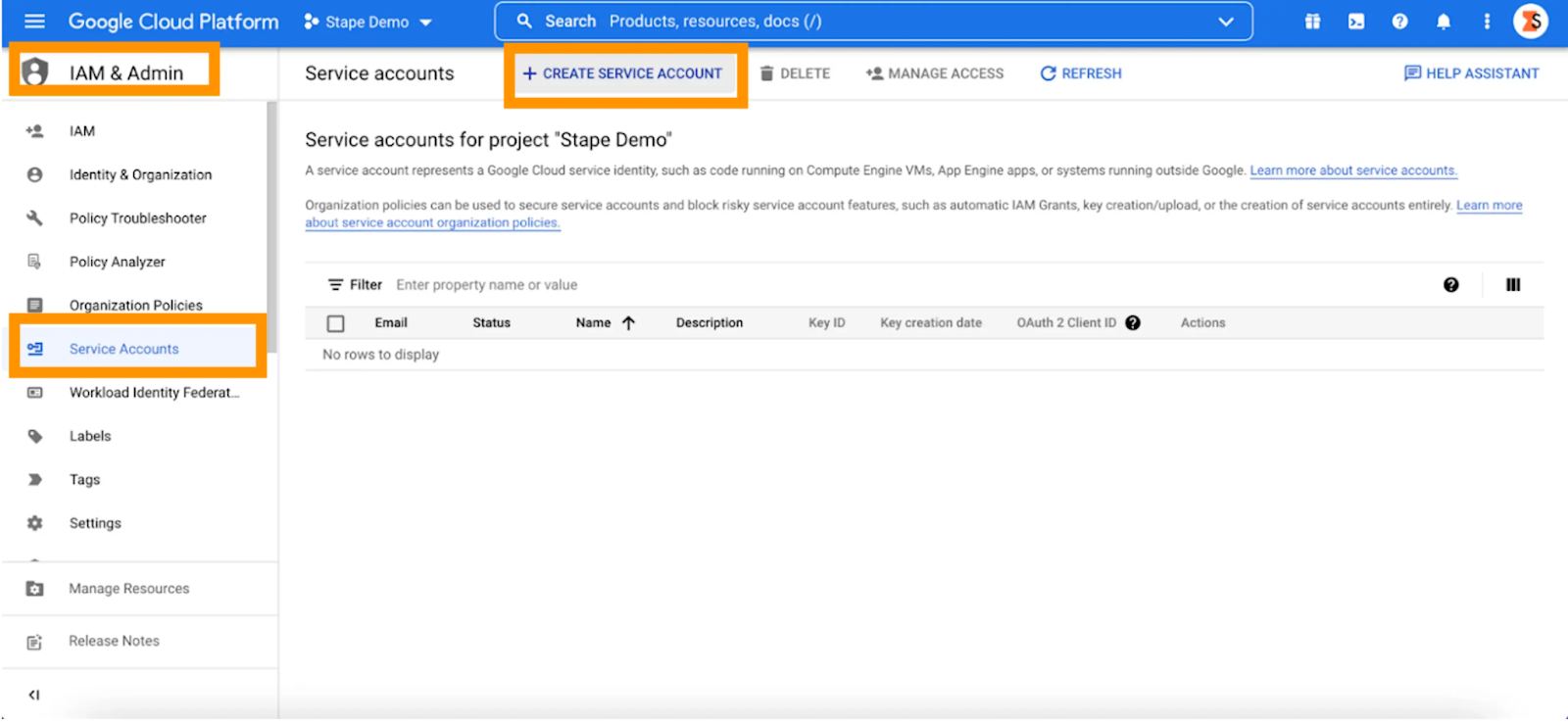 create service account on google cloud platform - stape