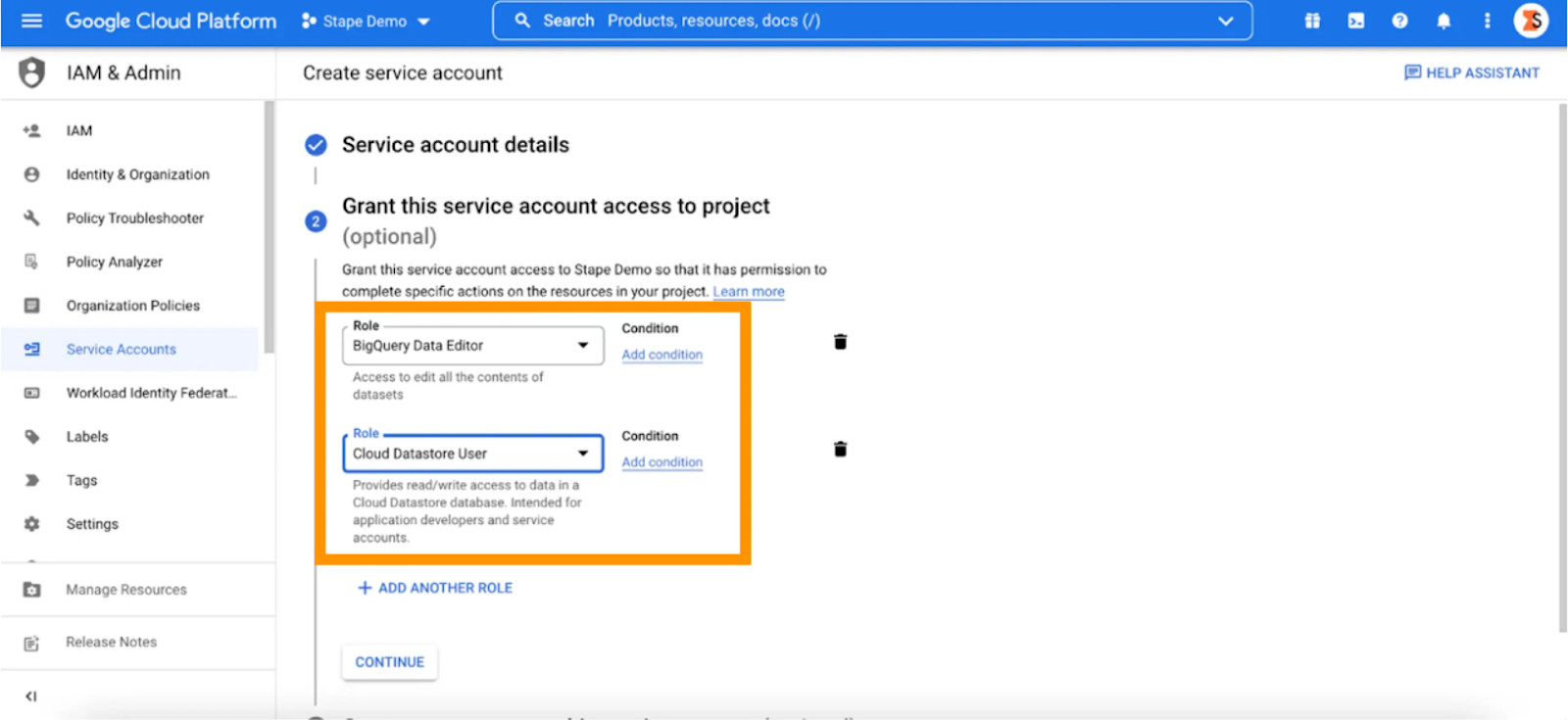 Google Service Account only for BigQuery - stape