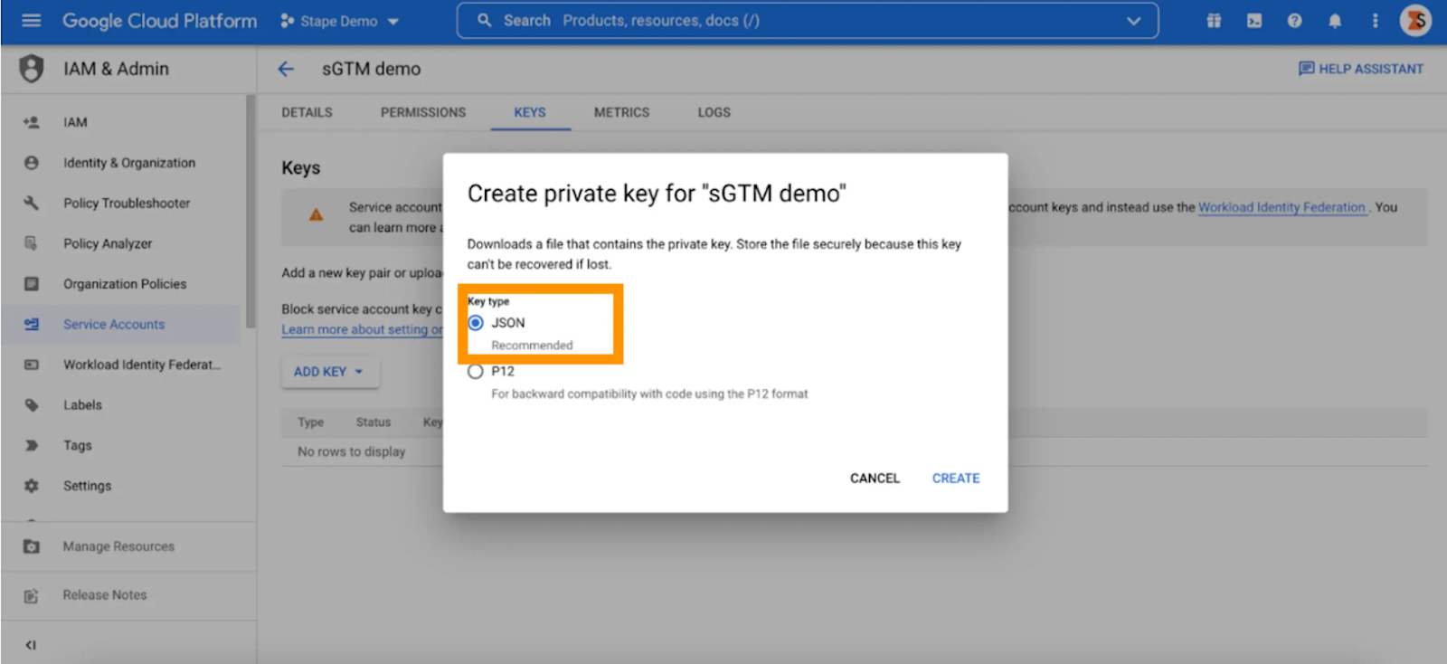 Create private key on google cloud platform - stape