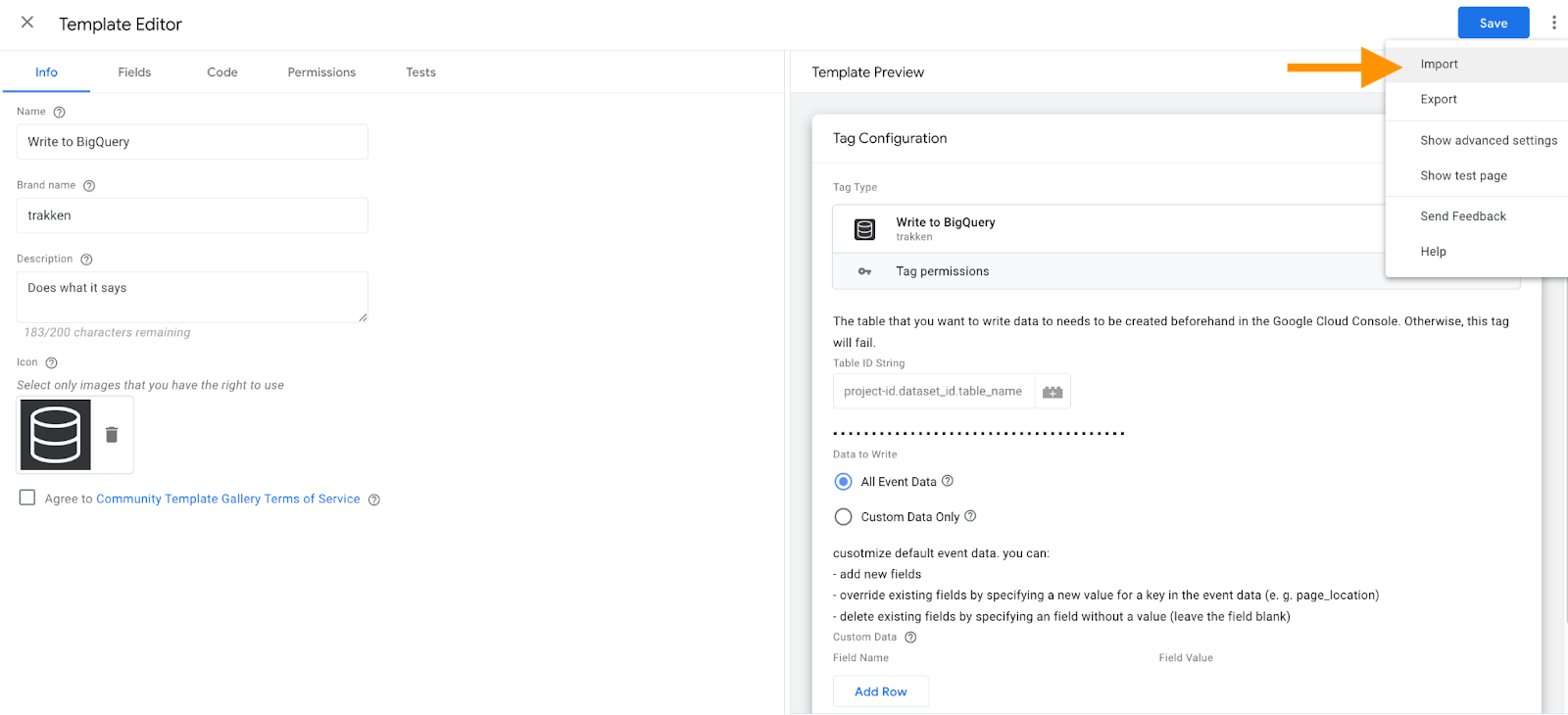 Write to BigQuery&nbsp;tag template