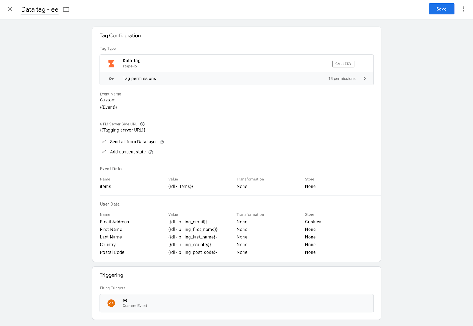 data tag configuration - stape