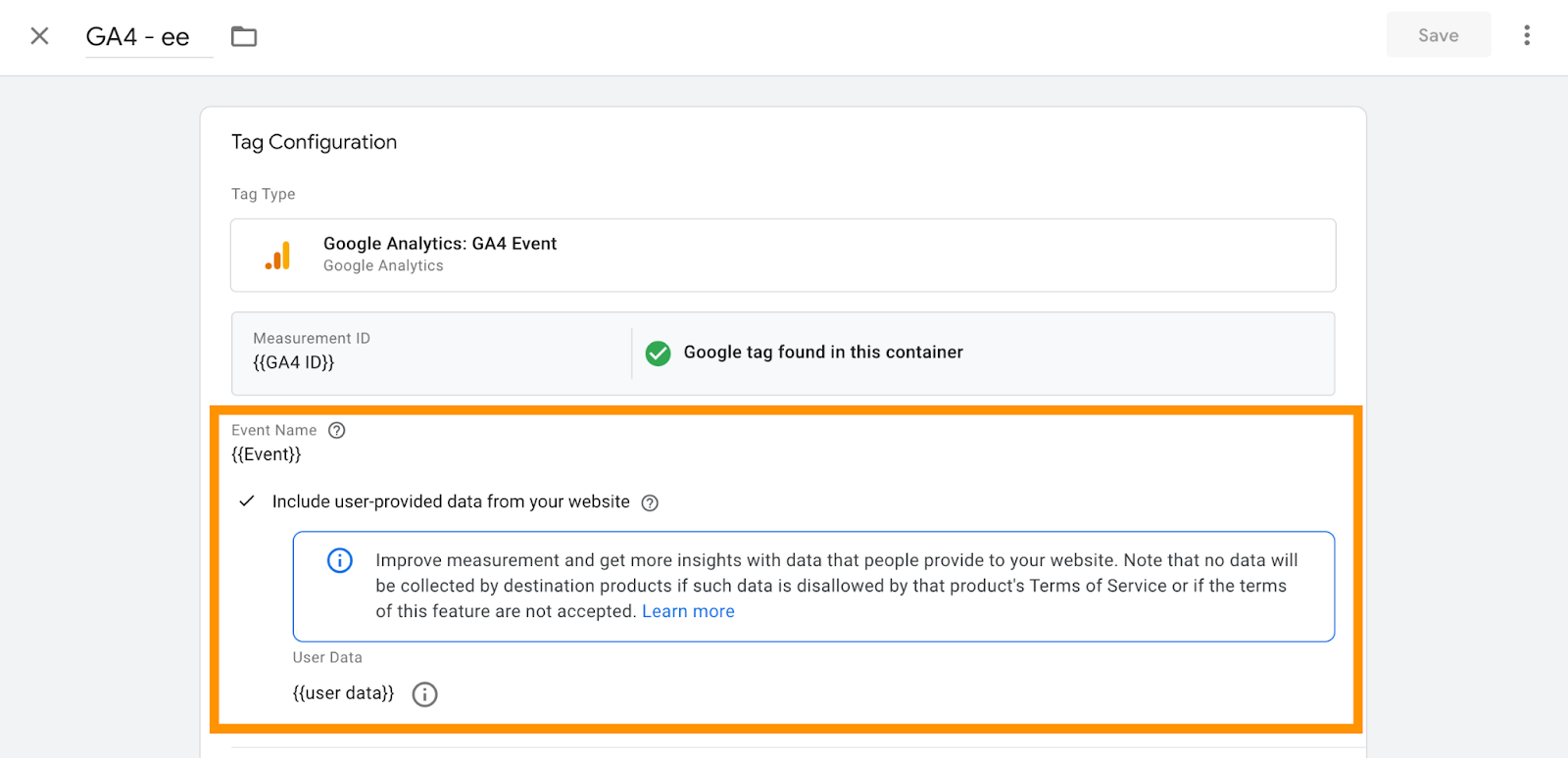 Configure User-Provided Data variable in web GTM and add it to GA4 tag settings