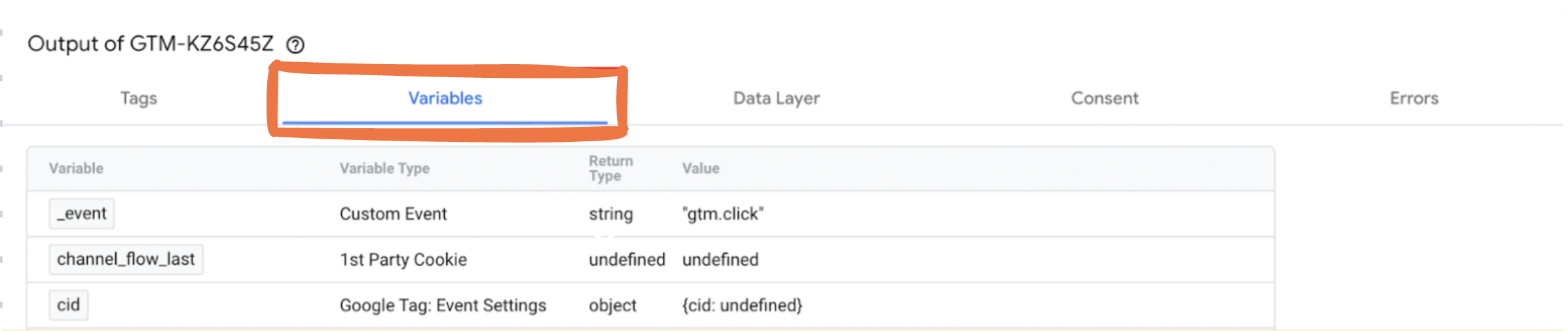 Variable section in Debug and Preview mode of GTM