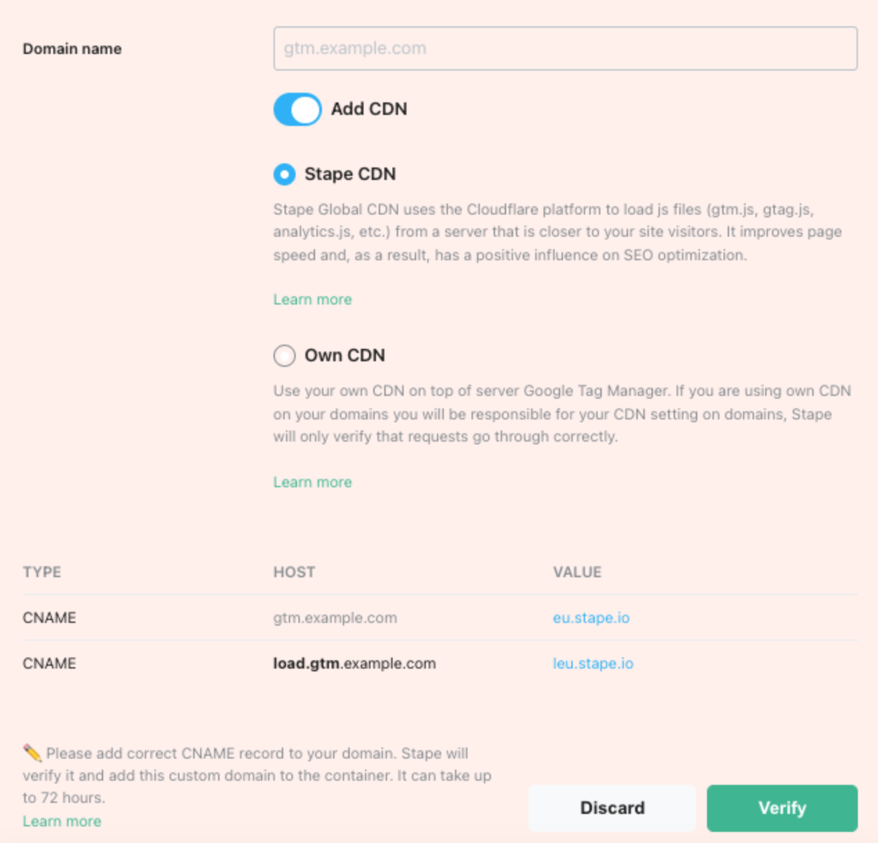 custom domain setup with stape