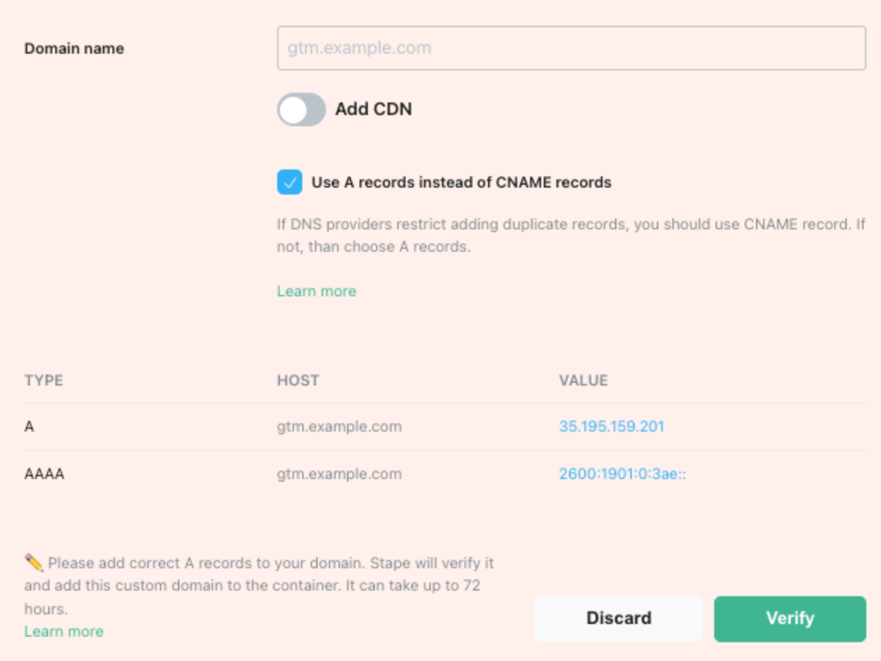 custom domain setup with stape