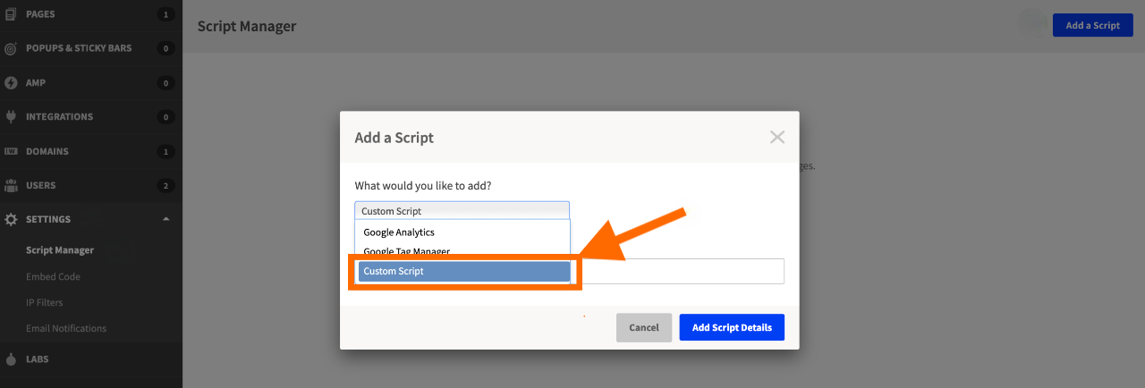 Add custom script in Unbounce