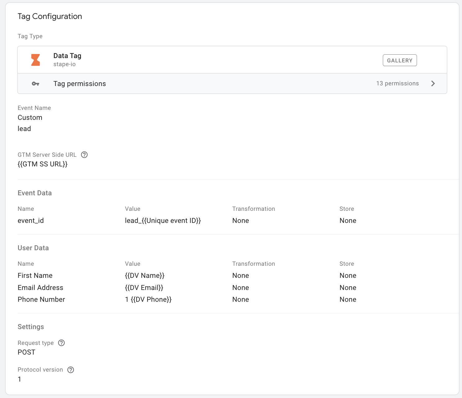 Data Tag configuration for a tag