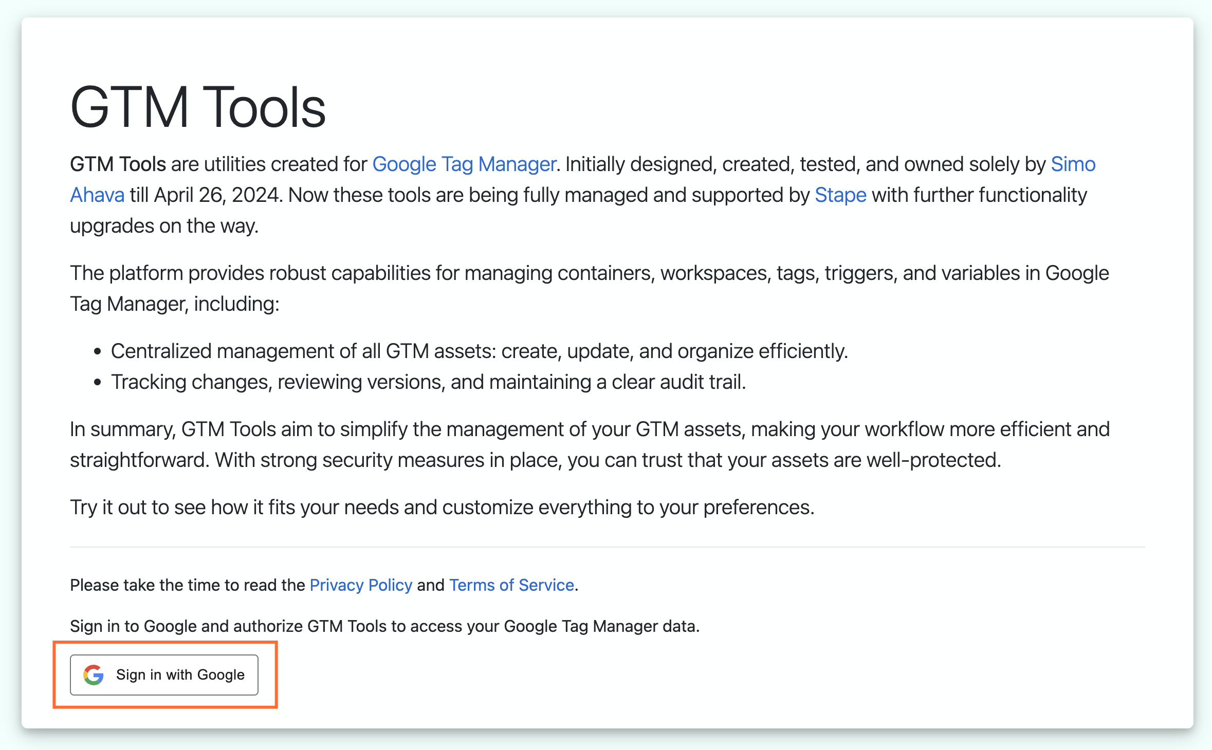 Sign in with Google in GTM Tools