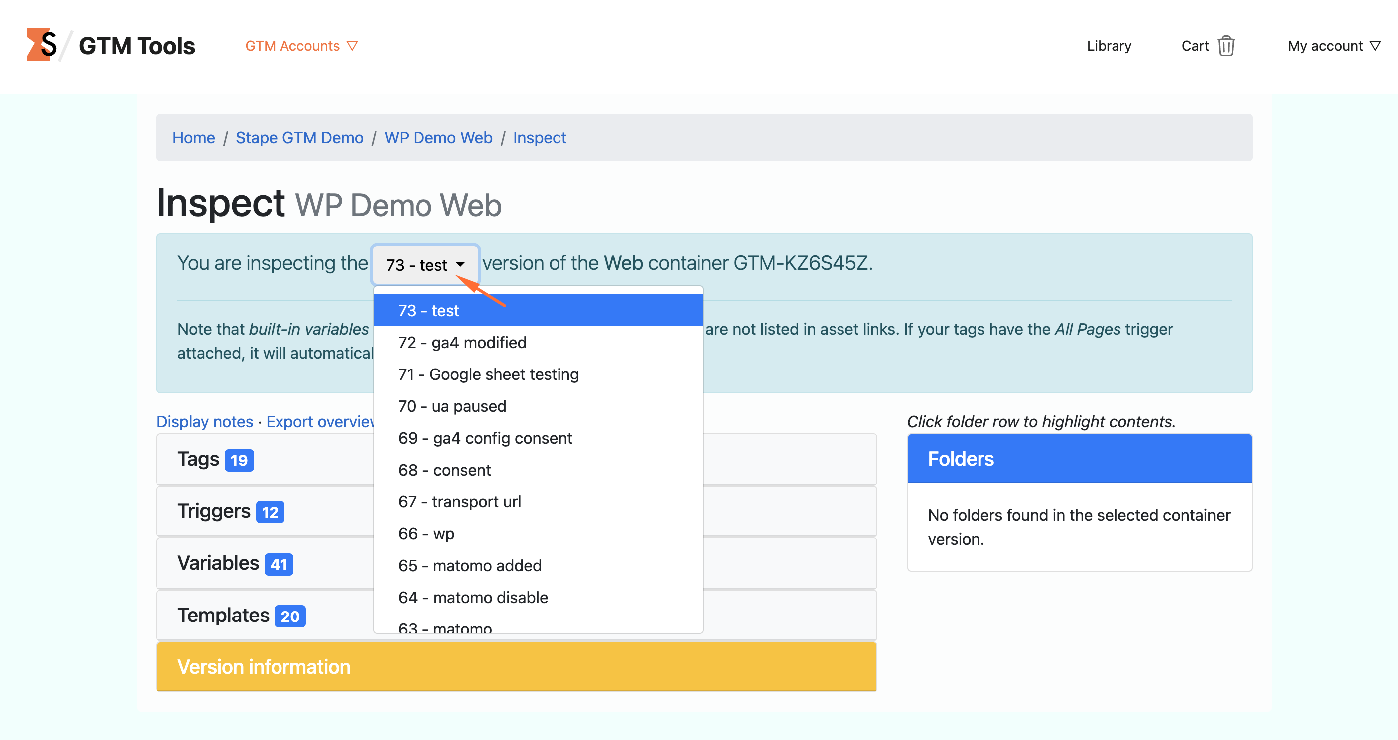 Versions of GTM container in Inspect tool