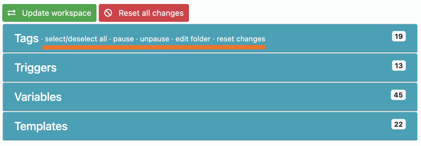 Options to edit in GTM Tools Workspace Mode