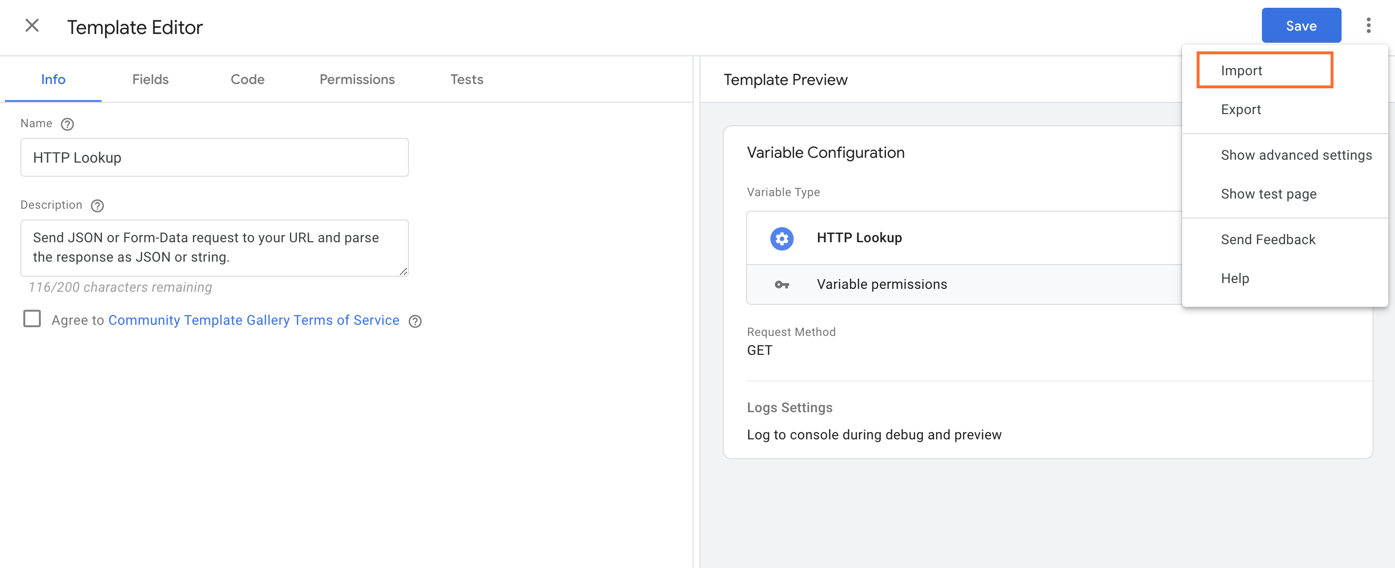 Import template in GTM server