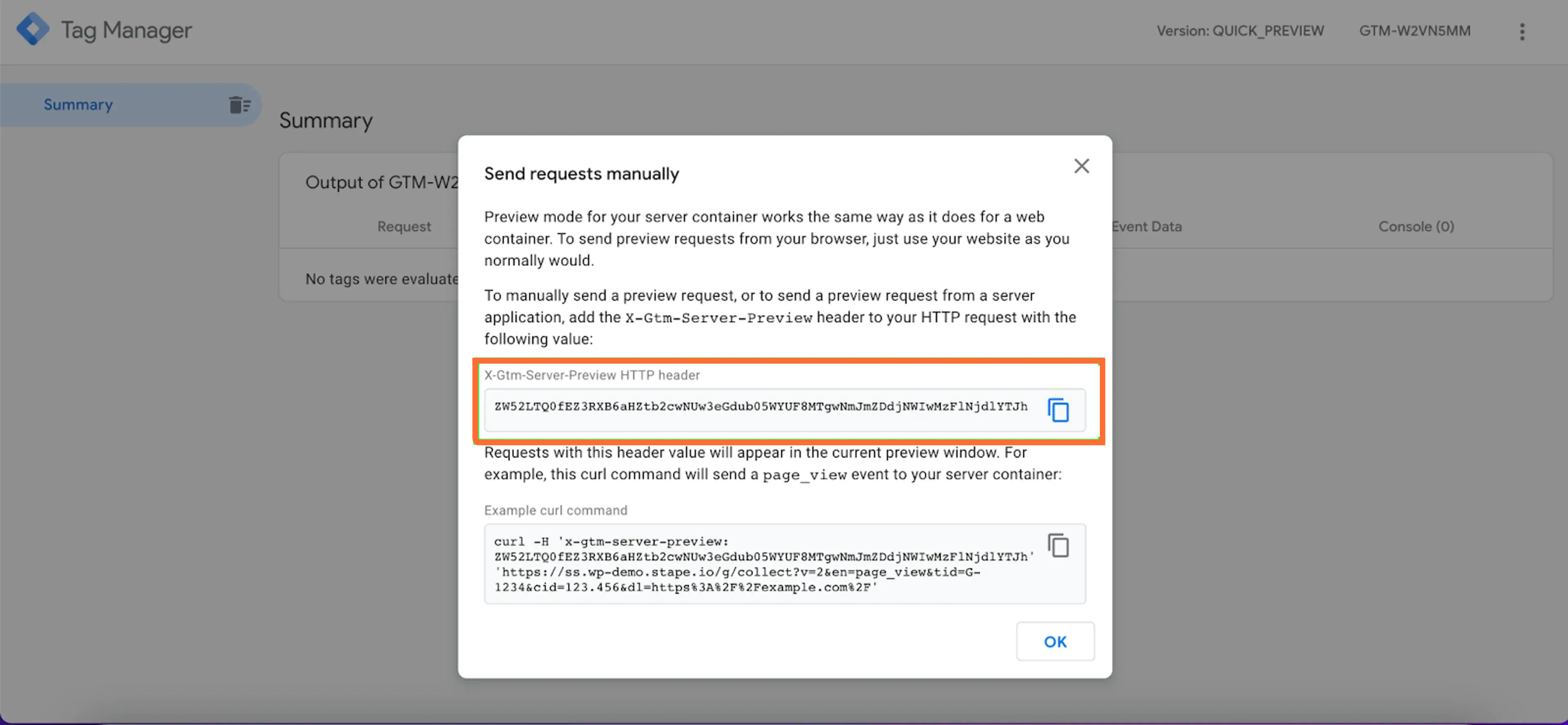 sGTM Preview header configuration