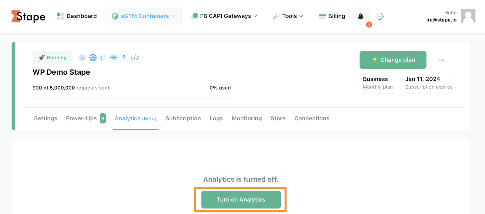 turn on stape analytics