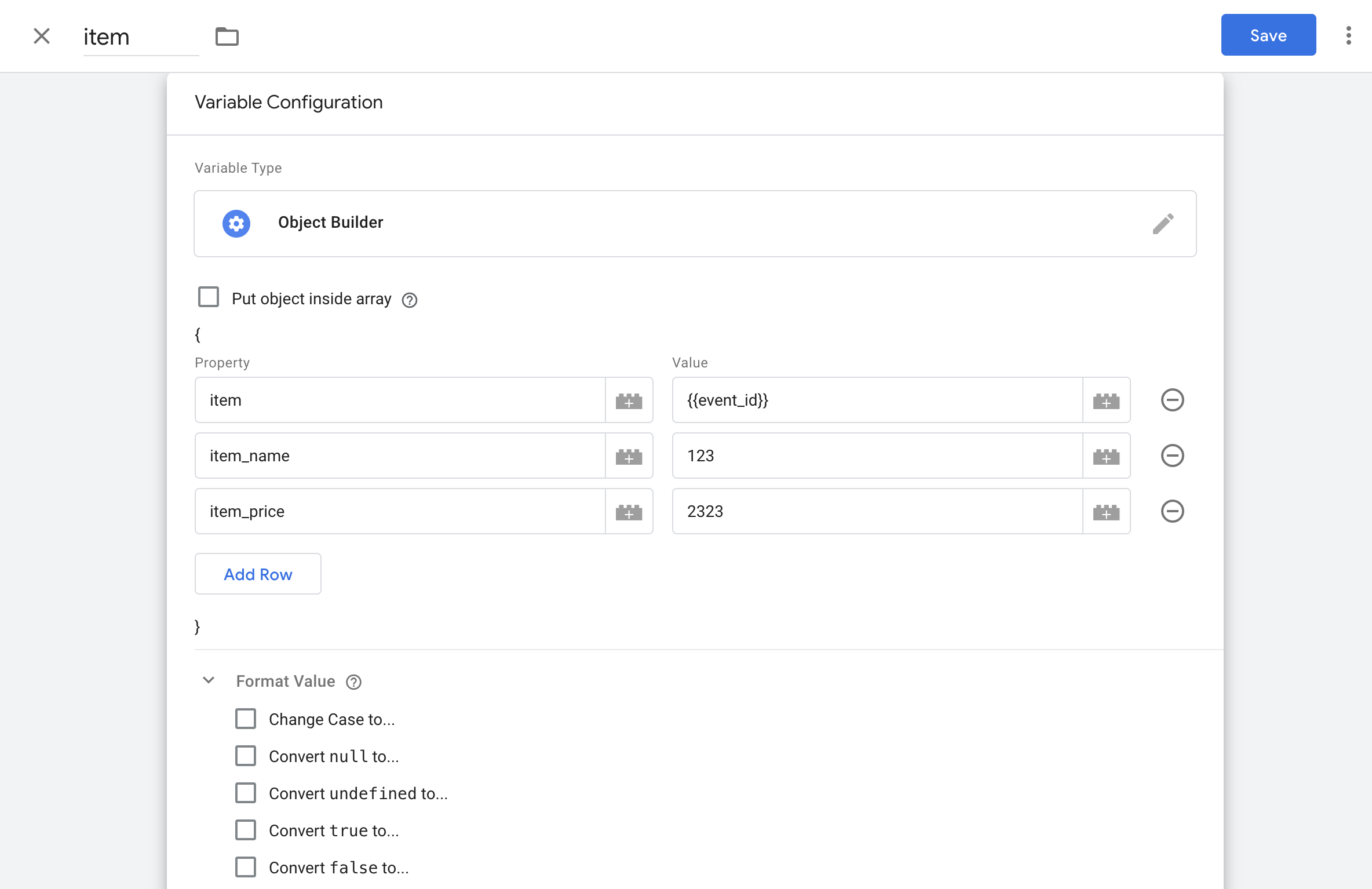 Example of Object Builder Variable configuration