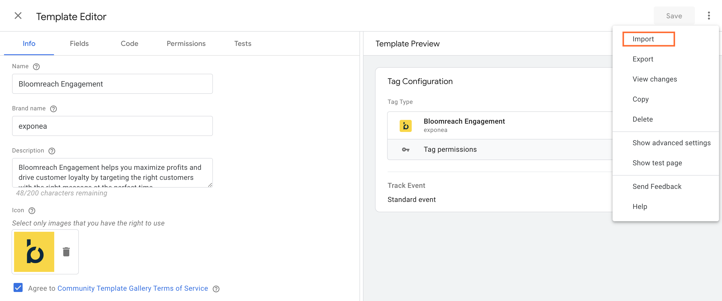 Import Bloomreach tag template