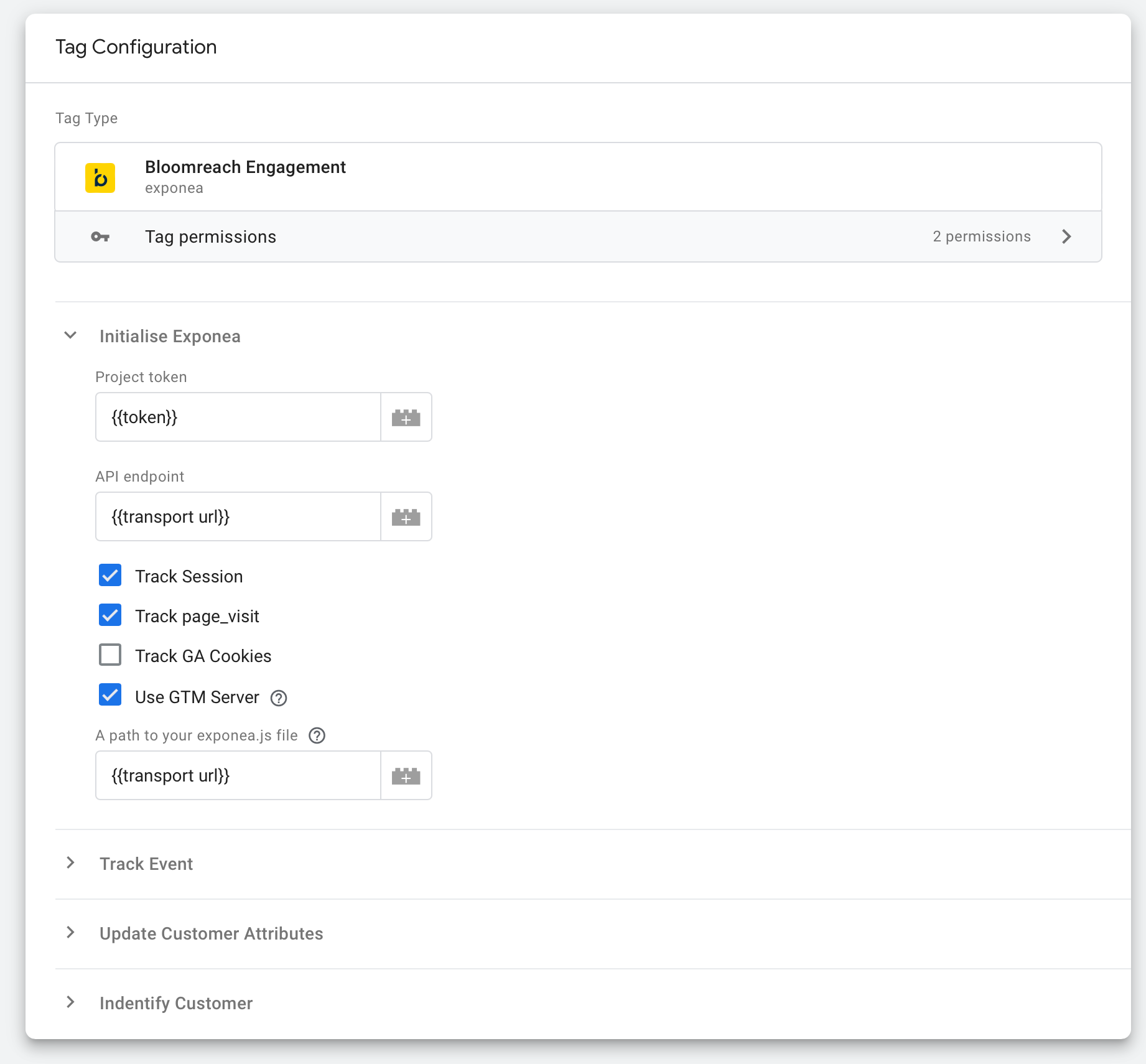 Bloomreach Engagement tag configuration