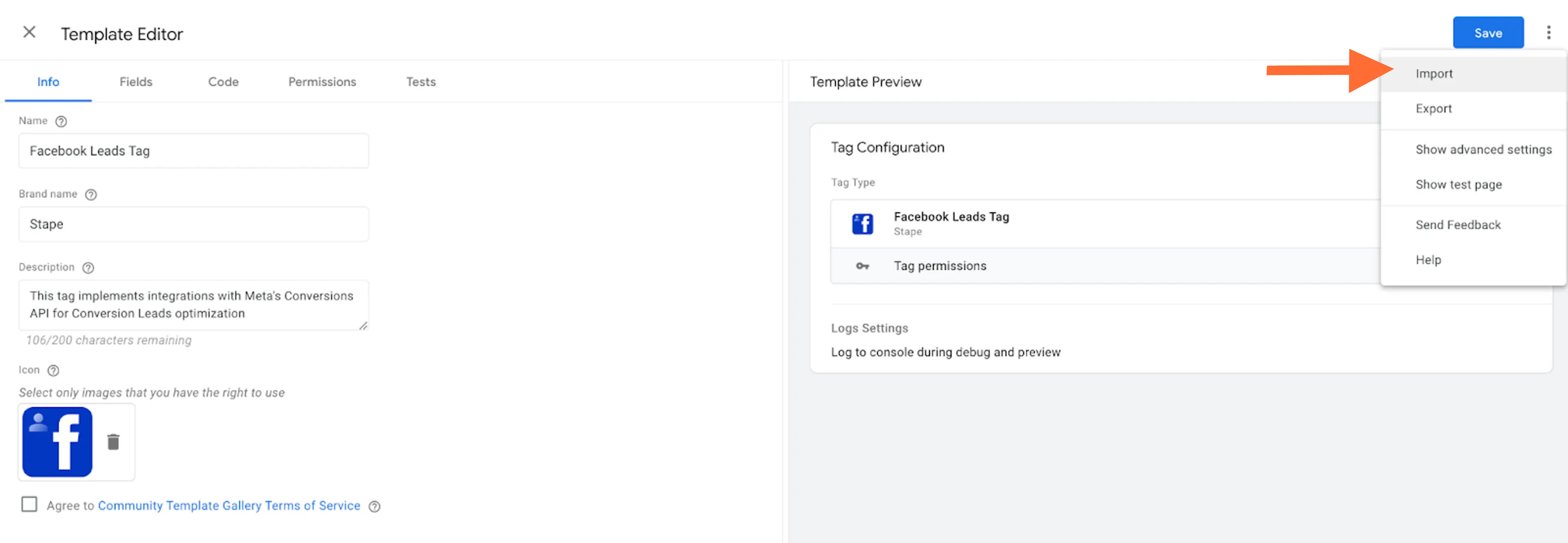 facebook leads tag template - stape