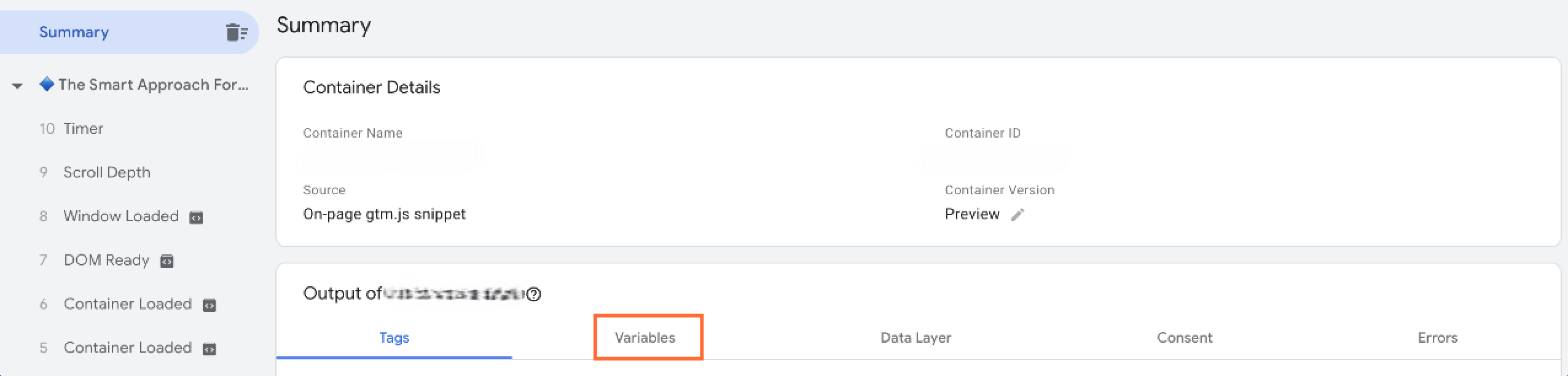 Variables section in GTM Debug view