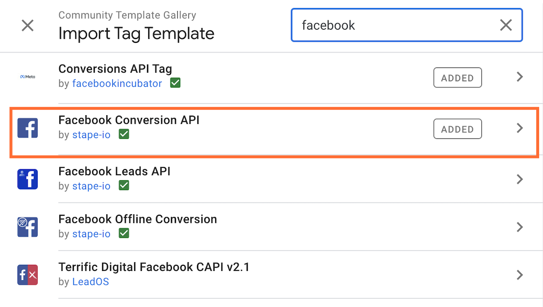 Add Facebook conversions API from the Gallery