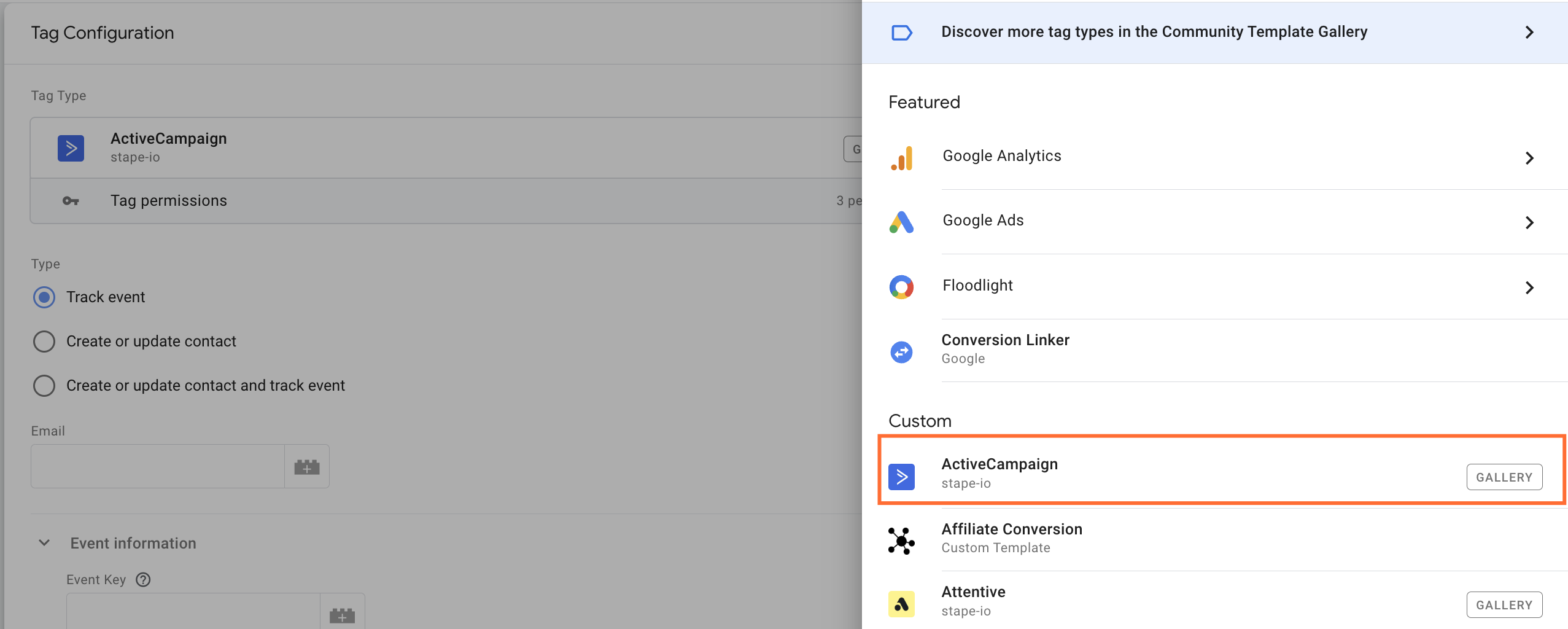 Choose “ActiveCampaign” as the tag configuration