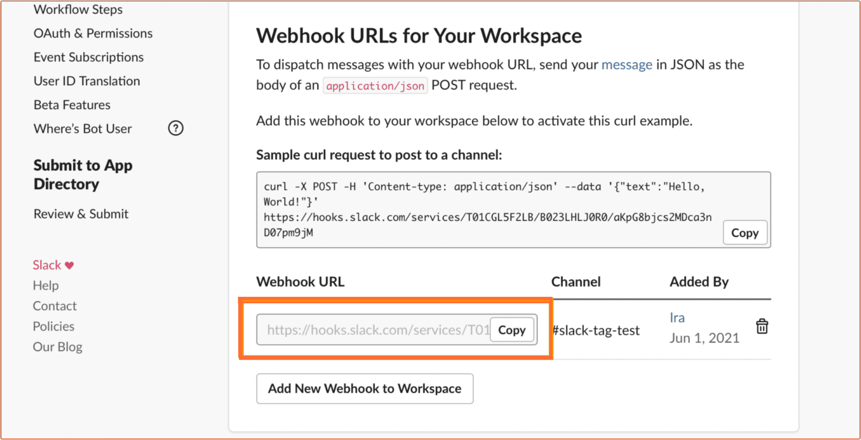 Copy webhook URL