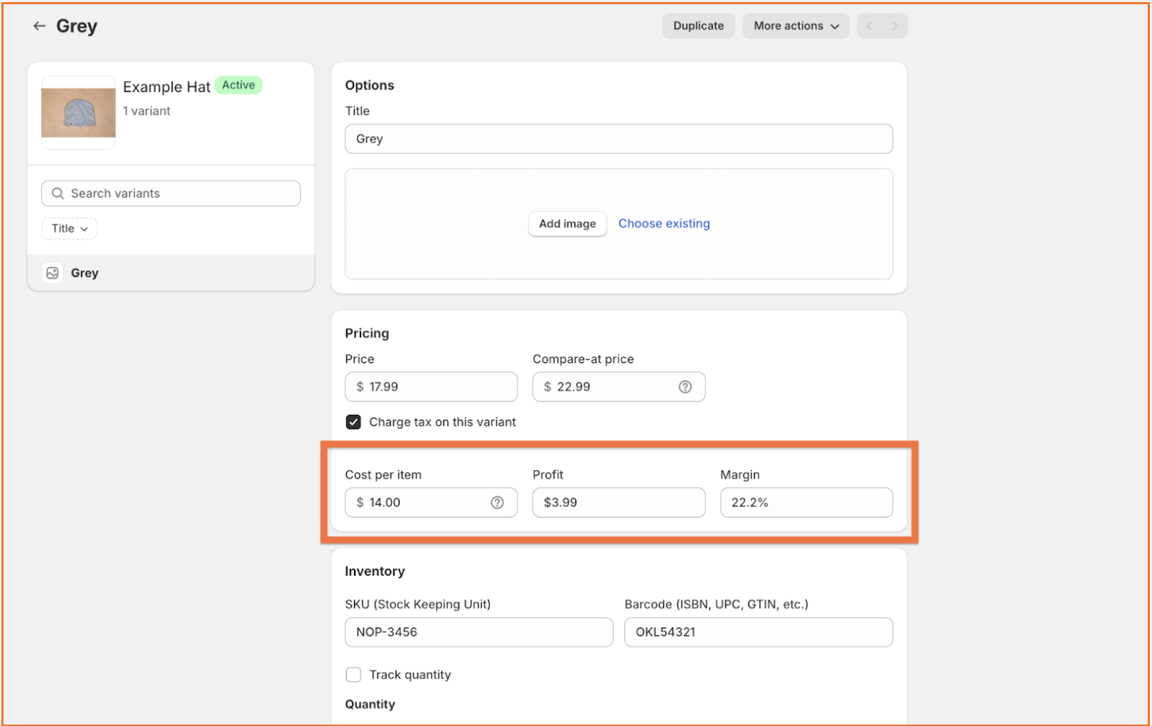 Shopify feature to determine profit and margin