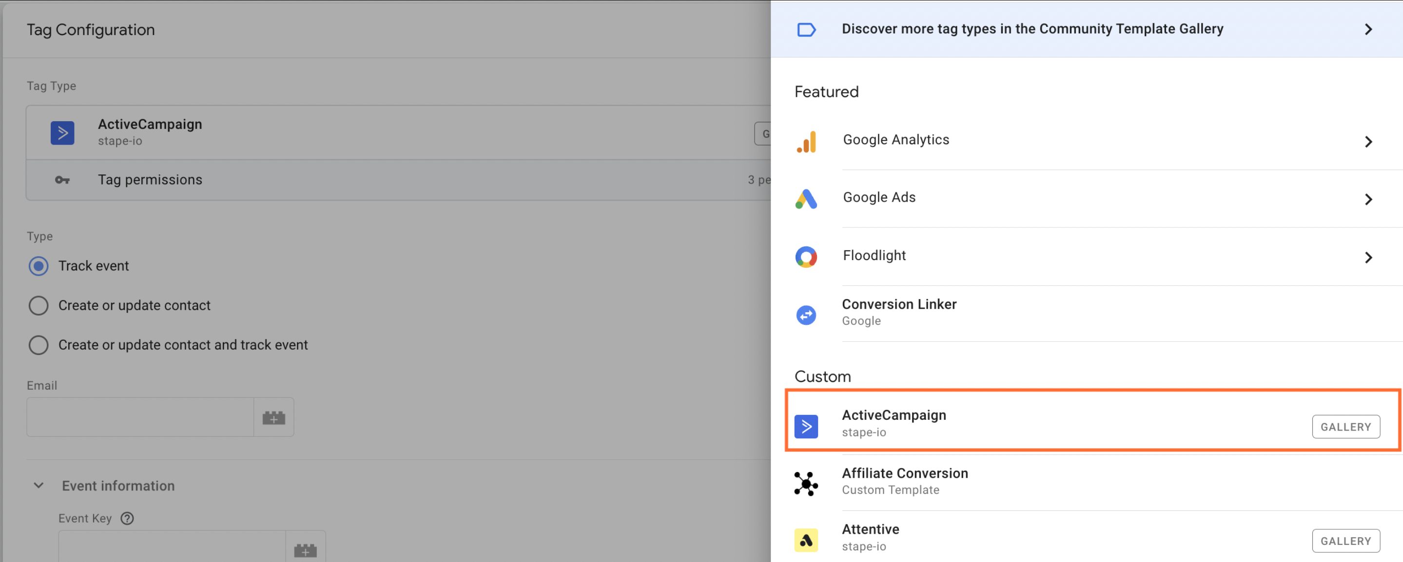 Choose “ActiveCampaign” as the tag configuration