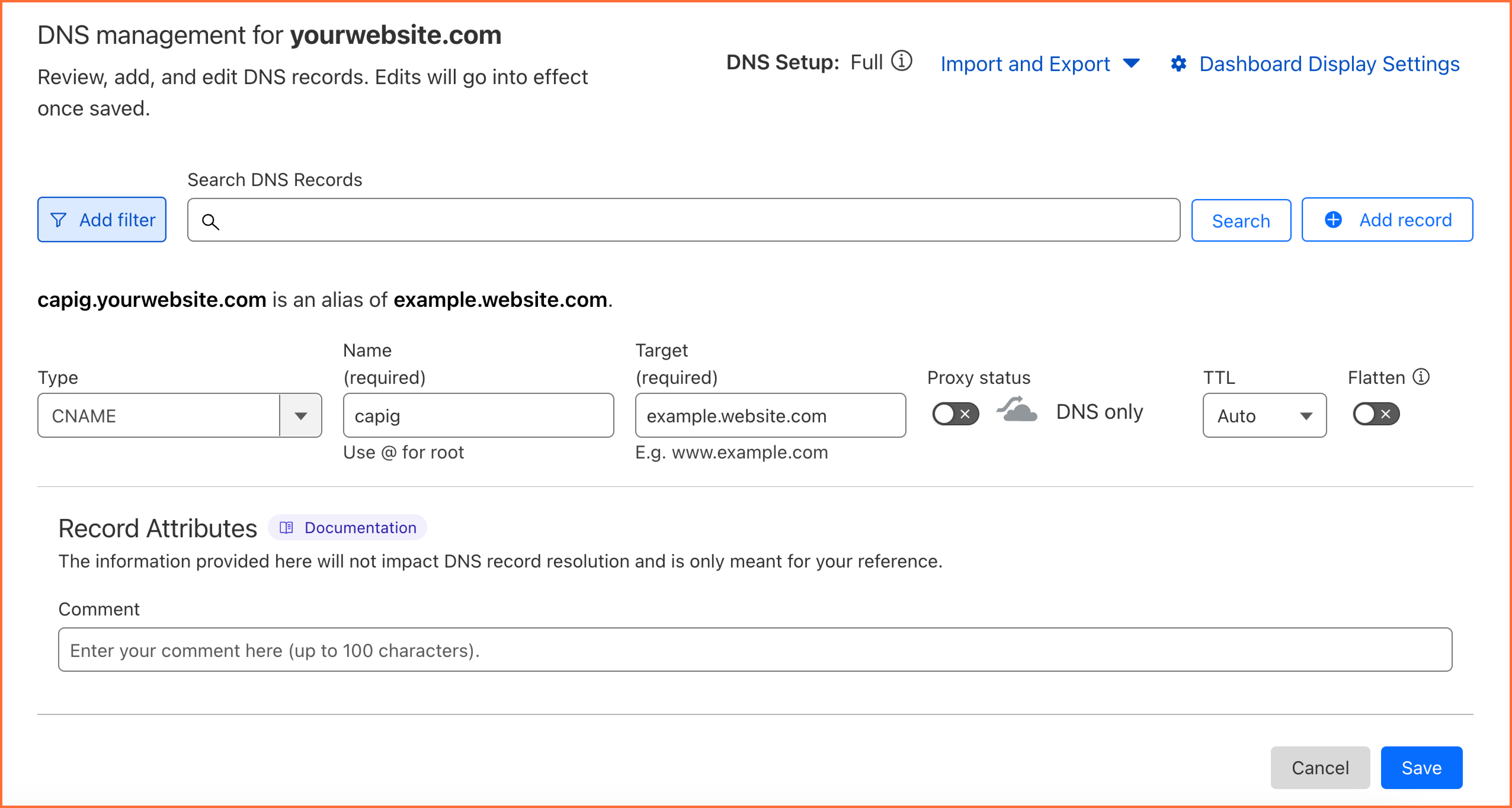 Example of DNS record