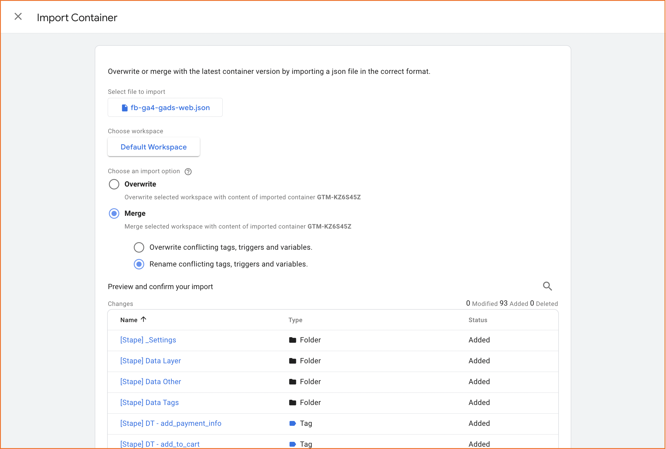 Import Container Settings